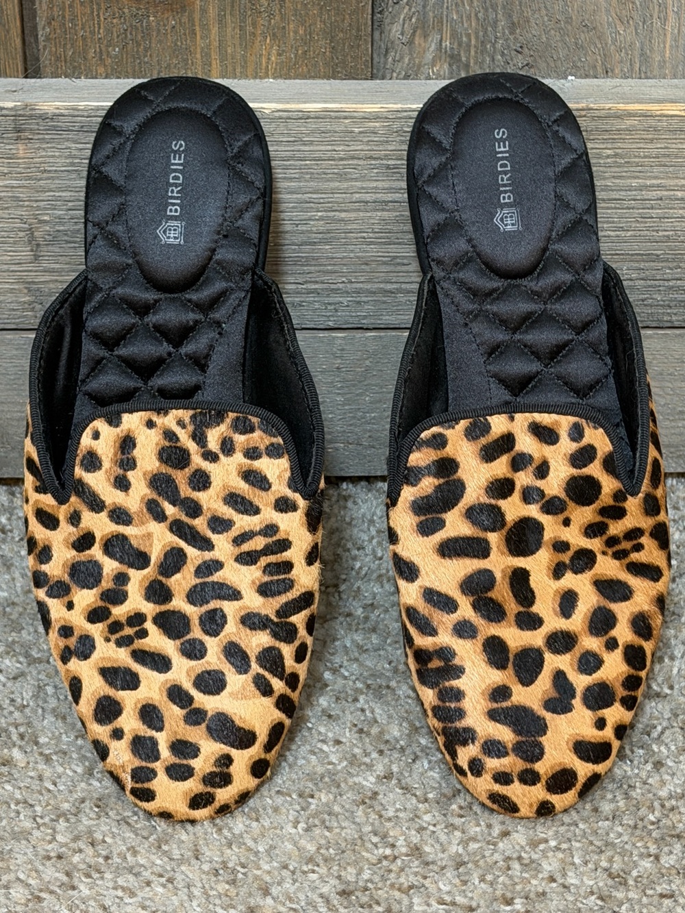 Birdies Leopard Calf Hair Mule Flats Quilted Comfort Slip On Loafer Size 6.5